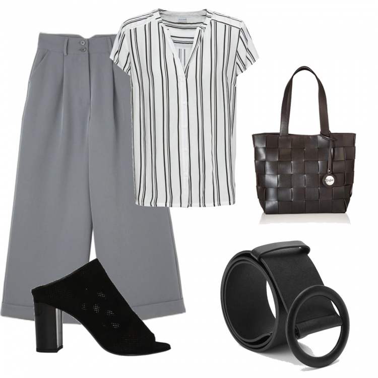 Outfit donna - Precisione e puntualità. Stile Minimal per Ufficio. Abbinamento con camicie a manica corta, sabot, pantaloni a palazzo, cinture, shopping bag.