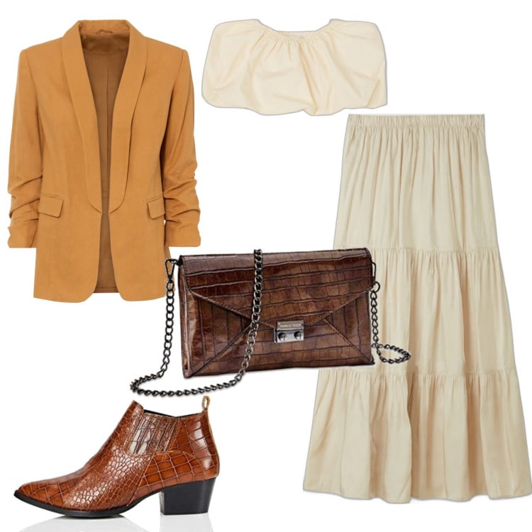 Outfit donna - Western girl. Stile Boho per Tutti i giorni. Abbinamento con giacche, gonne lunghe, top, stivaletti texani, borse a mano.