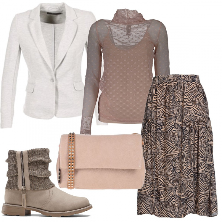 Outfit donna - Trendy #34711. Stile Trendy per Ufficio. Abbinamento con stivaletti, gonne longuette, borse a tracolla, giacche, maglieria.