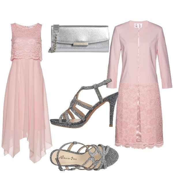 Outfit donna - Total look. Stile Romantica per Cerimonia. Abbinamento con vestiti midi/longuette, blazer, sandali col tacco, borse a mano.