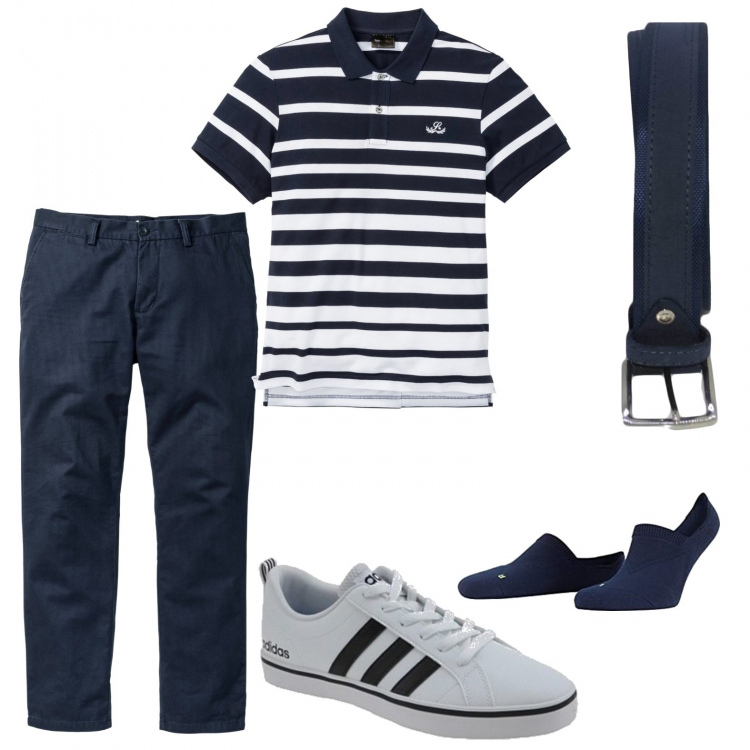 Outfit uomo - La polo a righe. Stile Casual per Ufficio. Abbinamento con pantaloni chino, polo, scarpe sportive, cinture, calzini.
