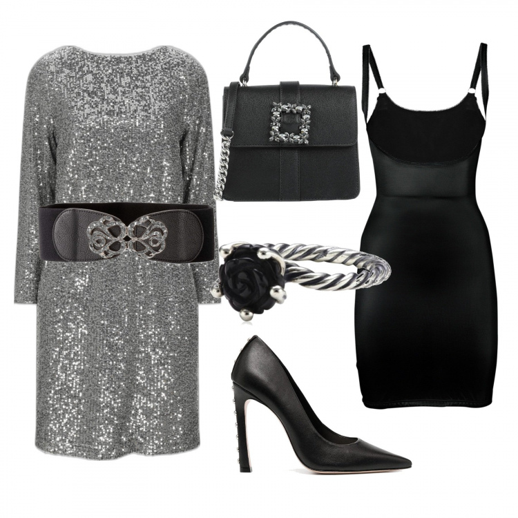 Outfit donna - Sottoveste e tacchi a spillo. Stile Trendy per Serata fuori. Abbinamento con sottovesti, cinture, vestiti corti, borse a mano, décolleté, anelli.