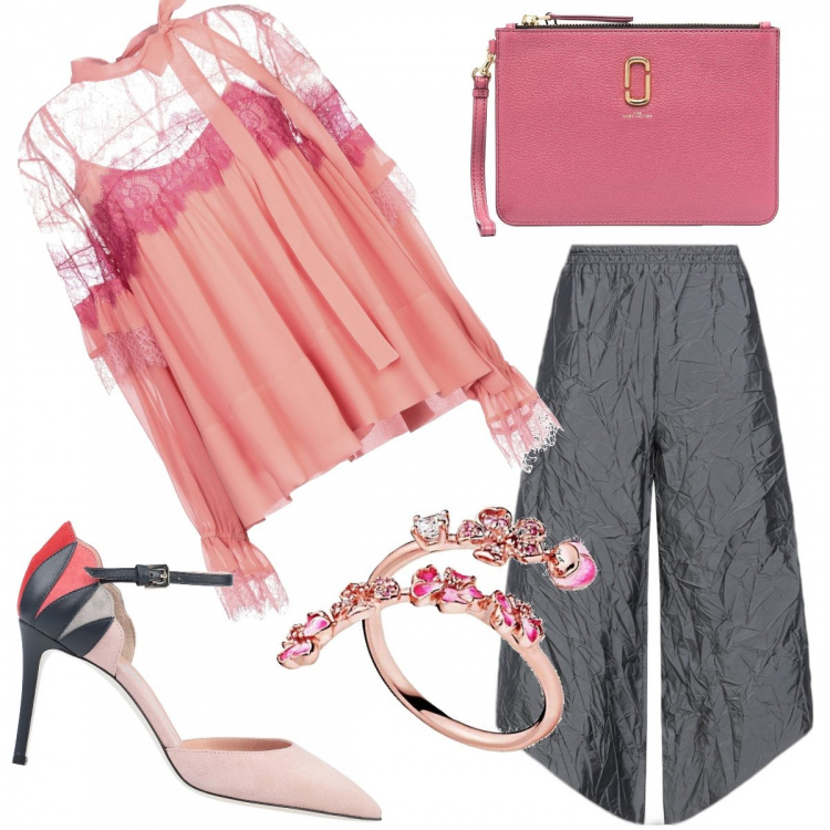 Outfit donna - Pantalone stropicciato. Stile Trendy per Cerimonia. Abbinamento con bluse, pantaloni capri, décolleté, clutch, anelli.