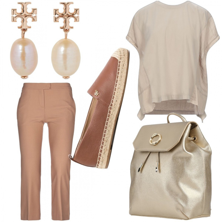 Outfit donna - Comoda. Stile Bon Ton per Tutti i giorni. Abbinamento con t-shirt, zaini, pantaloni capri, espadrillas, orecchini.