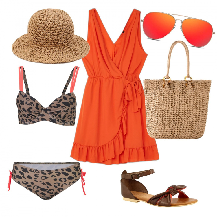 Outfit donna - In gelateria sul lungomare. Stile Glamour per Mare. Abbinamento con bikini, shopping bag, sandali in pelle, vestiti, cappelli, occhiali da sole.