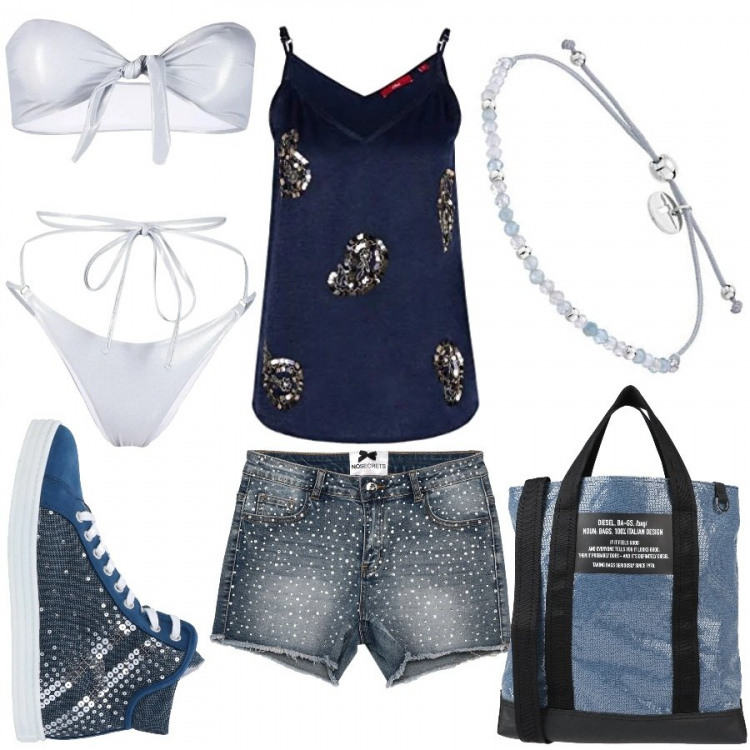 Outfit donna - Luciccante sotto il sole. Stile Trendy per Mare. Abbinamento con borse a mano, sneakers, shorts, bikini, camicie, braccialetti.