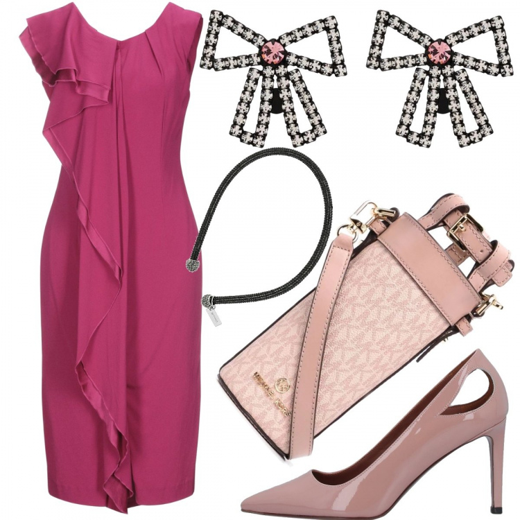 Outfit donna - Rosa e fucsia. Stile Trendy per Cerimonia. Abbinamento con vestiti midi/longuette, décolleté, borse a secchiello, orecchini, cerchietti.