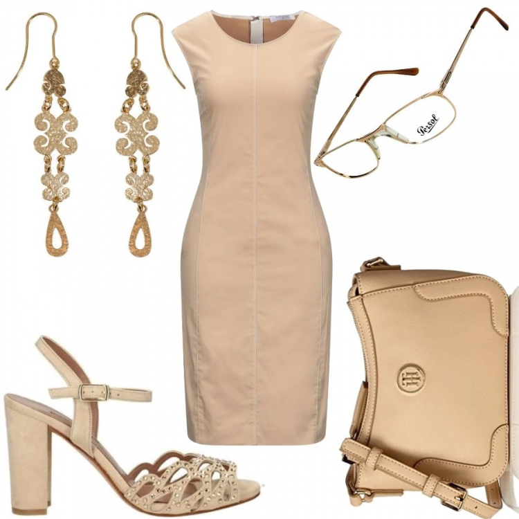 Outfit donna - Conference call. Stile Basic per Tutti i giorni. Abbinamento con vestiti midi/longuette, sandali, orecchini, occhiali da sole, borse a tracolla.