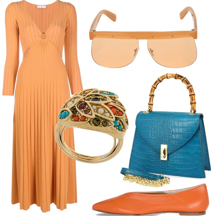 Outfit donna - Scarpe basse. Stile Trendy per Tutti i giorni. Abbinamento con borse a mano, anelli, vestiti midi/longuette, ballerine, occhiali da sole.