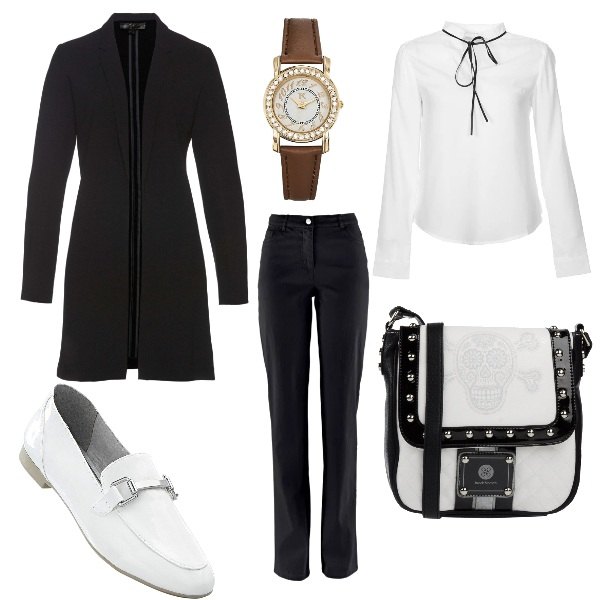 Outfit donna - Maschile, ma non troppo. Stile Basic per Ufficio. Abbinamento con pantaloni, soprabito spacchi laterali nero, mocassini, borsa a tracolla messenger fantasia con borchie in pelle sintetica, blusa in pelle sintetica, orologio con cinturino marrone e bianco.