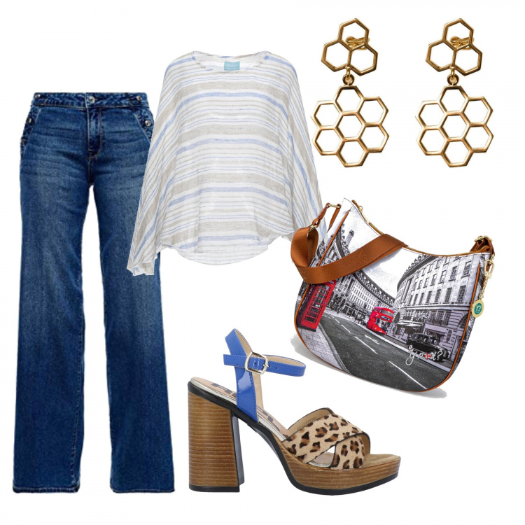 Outfit donna - City. per Tutti i giorni. Abbinamento con bluse, sandali col tacco, borse a spalla, orecchini, jeans a zampa.