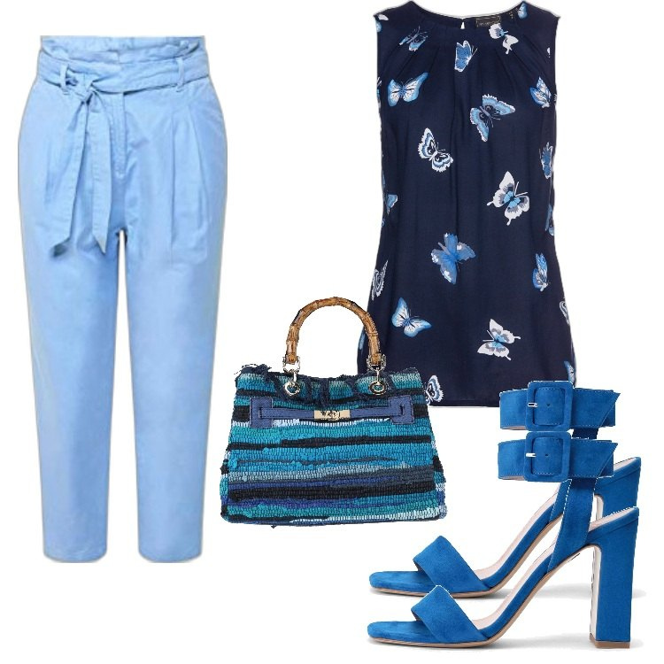 Outfit donna - Il top con le farfalle. Stile Trendy per Ufficio. Abbinamento con top, sandali in pelle, borse a mano, pantaloni culotte.