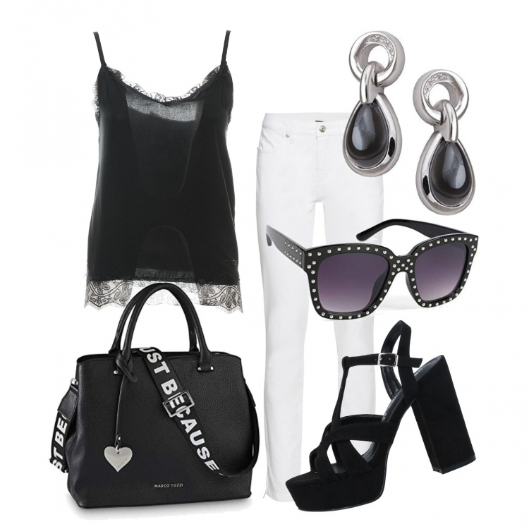 Outfit donna - Aperitivo al volo. Stile Trendy per Serata fuori. Abbinamento con jeans skinny, sandali col tacco, top, borse a mano, occhiali da sole, orecchini.