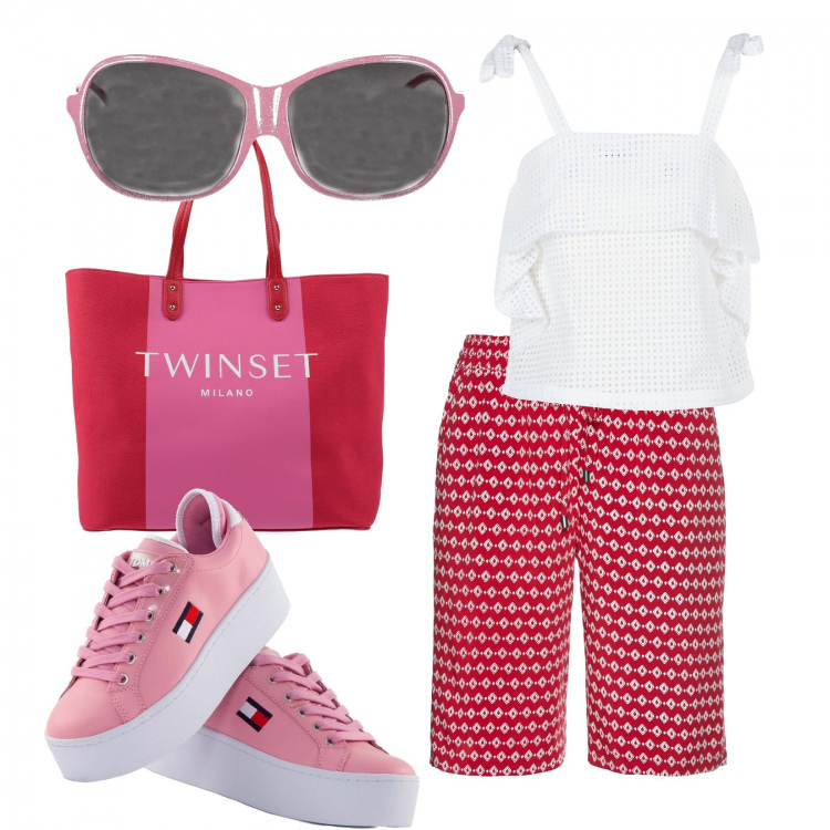 Outfit donna - A fare la spesa. Stile Basic per Tutti i giorni. Abbinamento con borse a mano, pantaloni corti, sneakers alte, camicie, occhiali da sole.