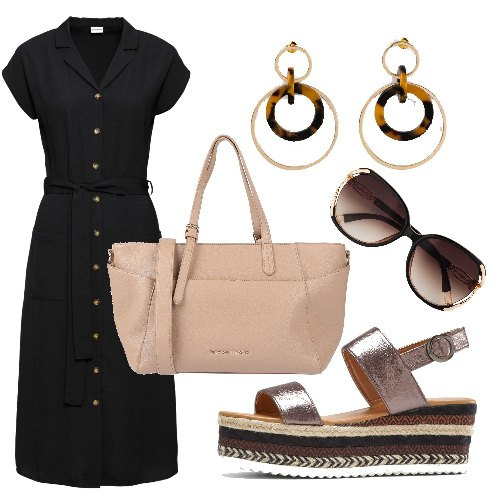 Outfit donna - Un giro prima di cena. Stile Bon Ton per Tutti i giorni. Abbinamento con vestiti, occhiali da sole, sandali, orecchini, borse a mano.