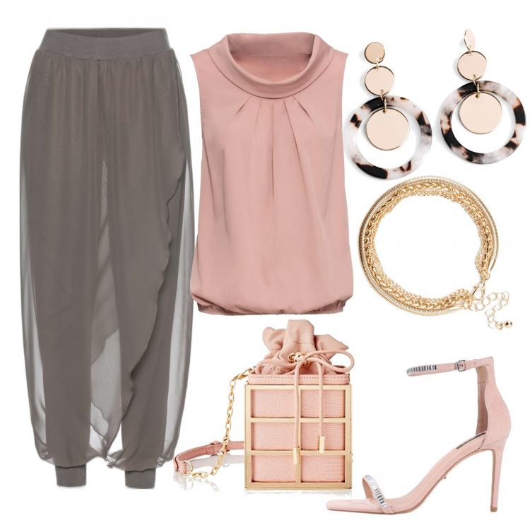 Outfit donna - Valorizza le tue curve. Stile Trendy per Serata fuori. Abbinamento con sandali col tacco, top, pantaloni, orecchini, braccialetti, borse a mano.