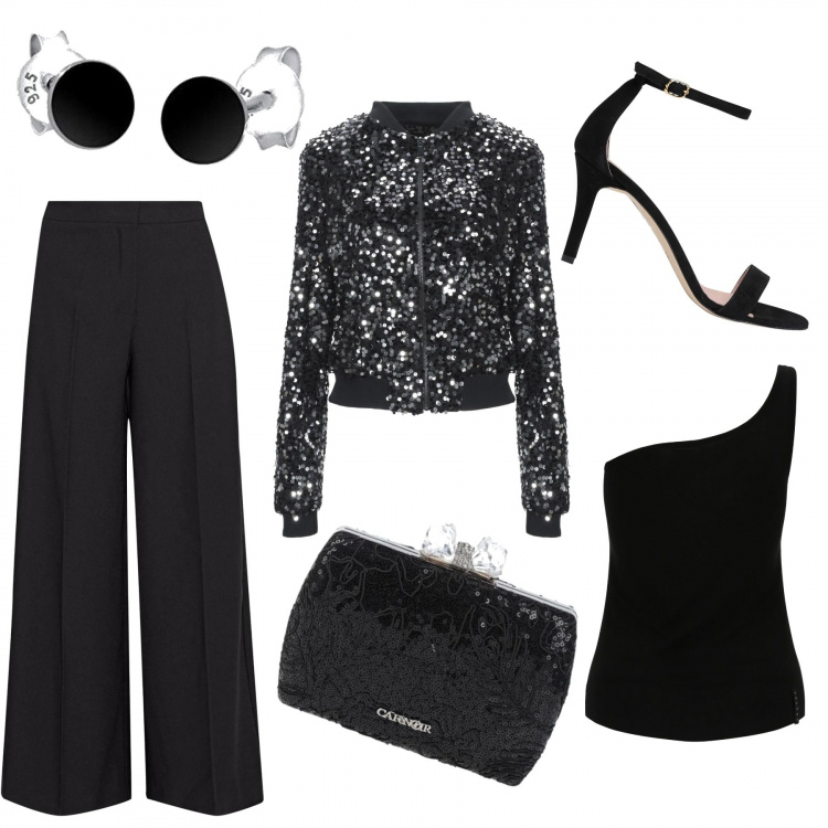 Outfit donna - Party pomeridiano. Stile Trendy per Cerimonia. Abbinamento con pantaloni, cappotti, sandali col tacco, borse a mano, top, orecchini.