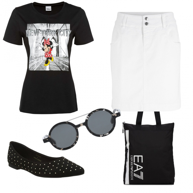 Outfit donna - Con Minnie sulla tshirt. Stile Urban per Tutti i giorni. Abbinamento con minigonne, t-shirt, occhiali da sole, shopping bag, ballerine.