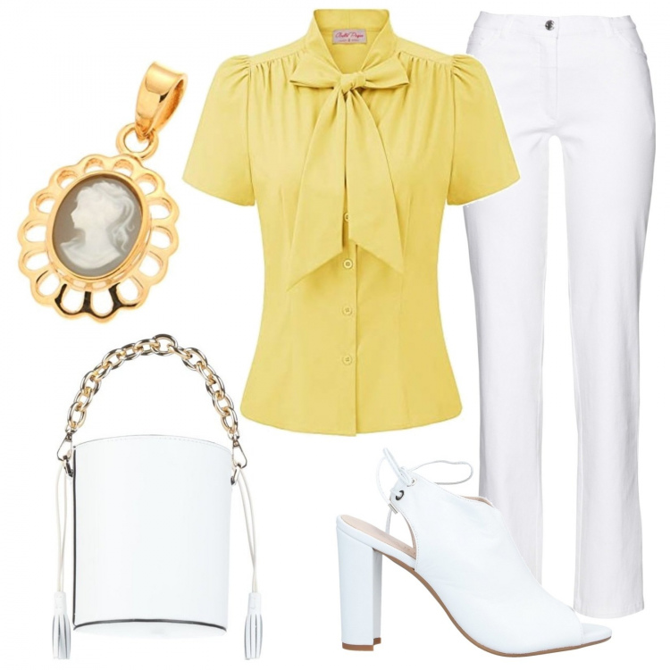 Outfit donna - Jet set. Stile Bon Ton per Ufficio. Abbinamento con pantaloni, sandali col tacco, borse a mano, bluse, ciondoli.