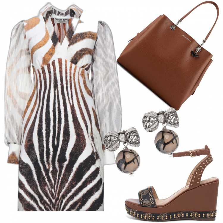 Outfit donna - Maniche lunghe. Stile Glamour per Tutti i giorni. Abbinamento con vestiti corti, sandali in pelle, shopping bag, orecchini.