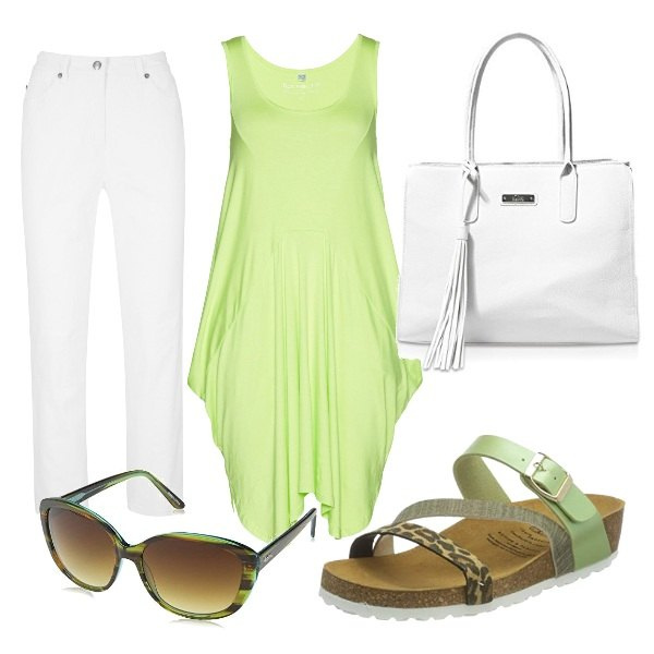 Outfit donna - Latte e menta. Stile Casual chic per Tutti i giorni. Abbinamento con pantaloni, top, ciabatte, shopping bag, occhiali da sole.