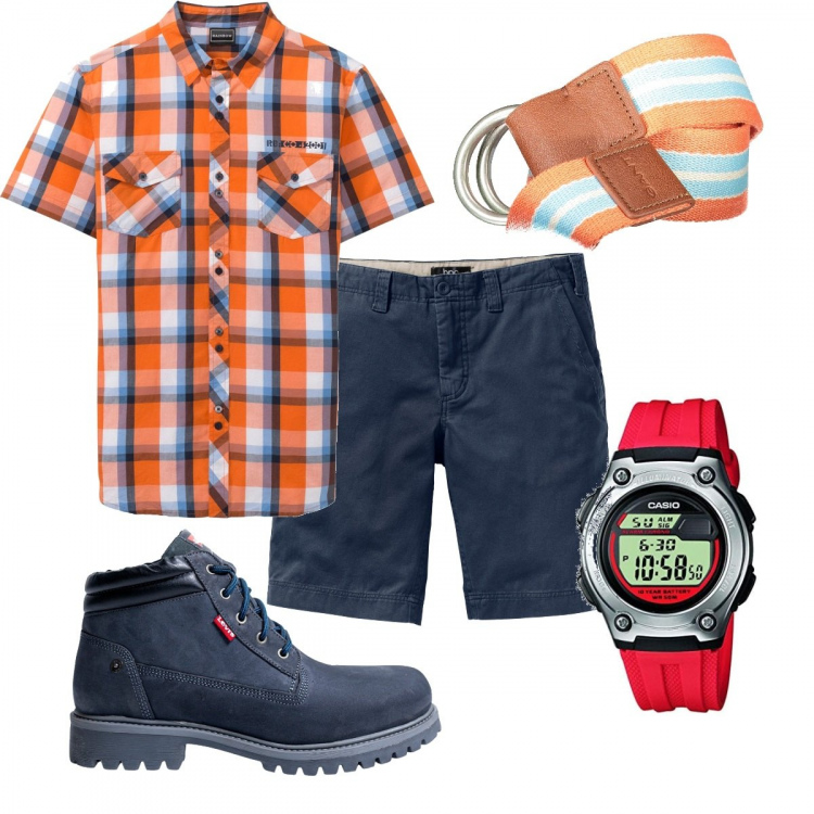 Outfit uomo - Total look #1090078. Stile Trendy per Tutti i giorni. Abbinamento con bermuda, camicie a manica corta, stivali e stivaletti, orologi digitali, cinture.