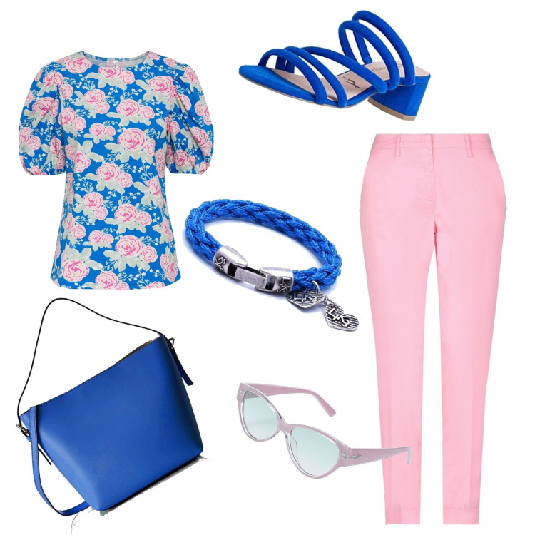 Outfit donna - Sabot bluette. Stile Romantica per Ufficio. Abbinamento con maglieria, pantaloni, occhiali da sole, braccialetti, sabot, borse a spalla.