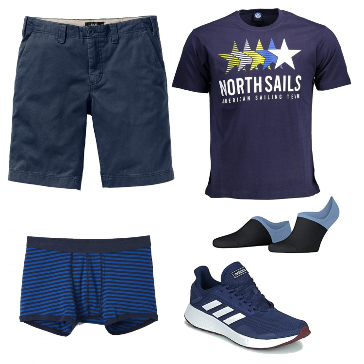 Outfit uomo - Intimo coordinato. Stile Trendy per Tutti i giorni. Abbinamento con bermuda, boxer, sneakers, calzini, t-shirt.