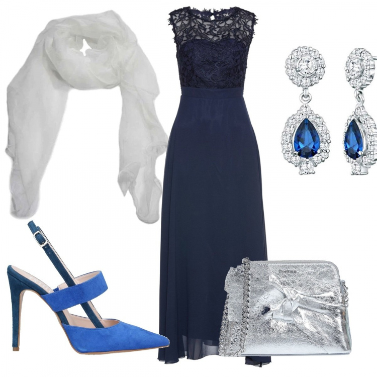 Outfit donna - Azzurro sfavillante. Stile Casual chic per Cerimonia. Abbinamento con vestiti lunghi, décolleté, borse a tracolla, sciarpe, orecchini.