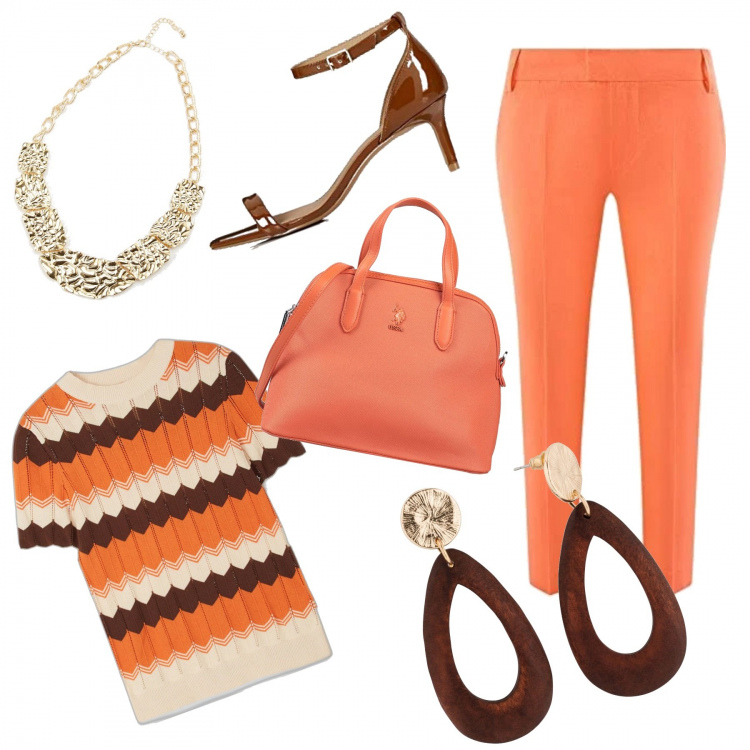 Outfit donna - Gioielli oversize. Stile Sporty chic per Tutti i giorni. Abbinamento con orecchini, borse a tracolla, t-shirt, collane, pantaloni capri, scarpe col tacco.