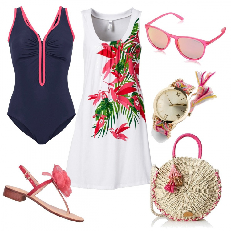 Outfit donna - Al lido in low cost. Stile Casual per Mare. Abbinamento con costumi interi, vestiti da spiaggia, orologi, infradito, shopping bag, occhiali da sole.