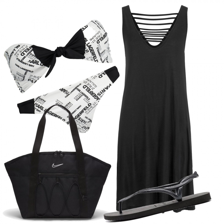 Outfit donna - In black. Stile Trendy per Mare. Abbinamento con vestiti da spiaggia, sandali, costumi, costumi, borse tote.