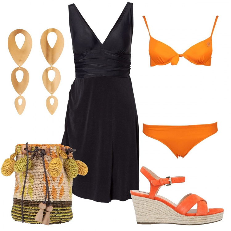 Outfit donna - Basic #25585. Stile Basic per Mare. Abbinamento con vestiti da spiaggia, borse a tracolla, sandali in pelle, orecchini, costumi.