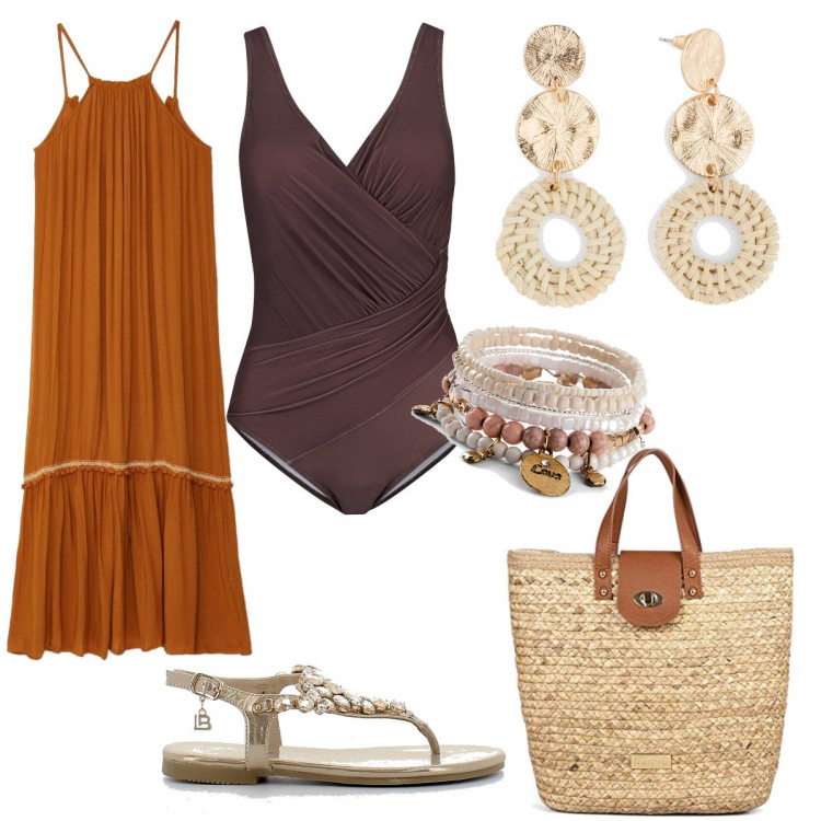Outfit donna - Dopo il mare... shopping. Stile Glamour per Mare. Abbinamento con costumi interi, braccialetti, orecchini, vestiti lunghi, sandali in pelle, borse tote.