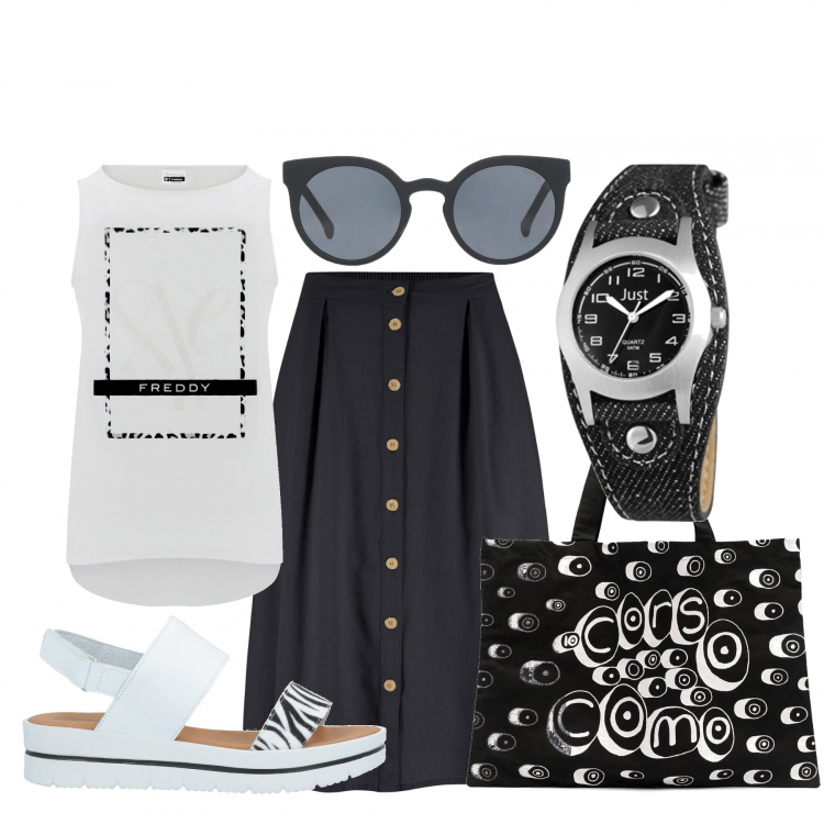 Outfit donna - Total look #1090570. Stile Basic per Tutti i giorni. Abbinamento con gonne longuette, sandali, occhiali da sole, borse tote, canottiere, orologi.