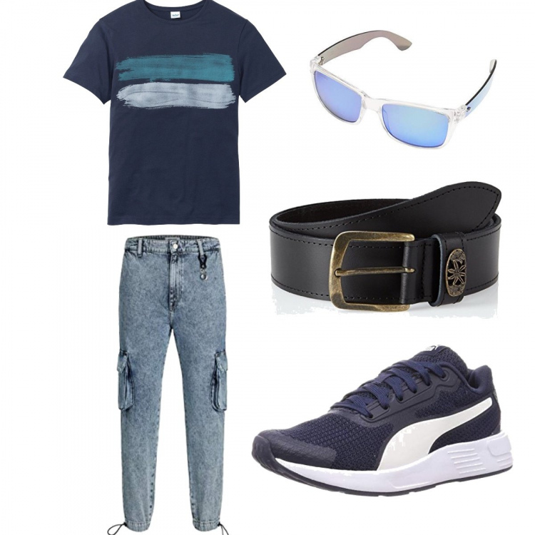 Outfit uomo - 100€ outfit. Stile Casual per Tutti i giorni. Abbinamento con t-shirt, occhiali da sole, cinture, sneakers, jeans.