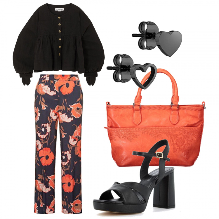 Outfit donna - Orange. Stile Casual per Tutti i giorni. Abbinamento con bluse, sandali col tacco, pantaloni a palazzo, pochette, orecchini.