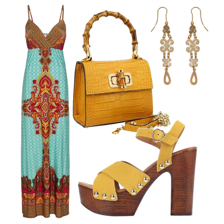 Outfit donna - Mille e una notte. Stile Romantica per Serata fuori. Abbinamento con vestiti lunghi, sandali in pelle, borse a mano, orecchini.