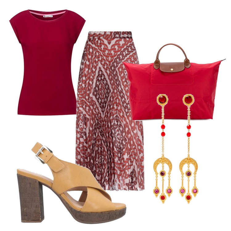 Outfit donna - Red. Stile Casual per Tutti i giorni. Abbinamento con gonne longuette, orecchini, sandali in pelle, borse tote, t-shirt.