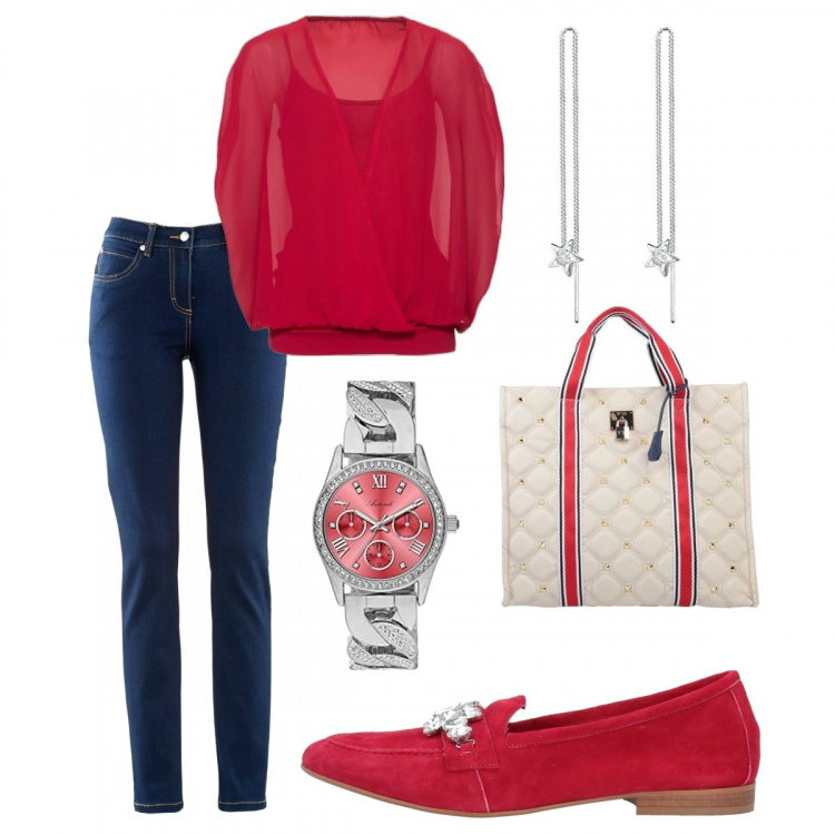 Outfit donna - Il mocassino con i jeans. Stile Casual chic per Tutti i giorni. Abbinamento con jeans dritti, bluse, borse a mano, mocassini, orologi analogici, orecchini.