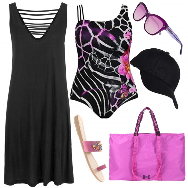 Outfit donna - Casual chic #1343. Stile Casual chic per Mare. Abbinamento con vestiti da spiaggia, borse a spalla, sandali, costumi interi, occhiali da sole, cappelli con visiera.