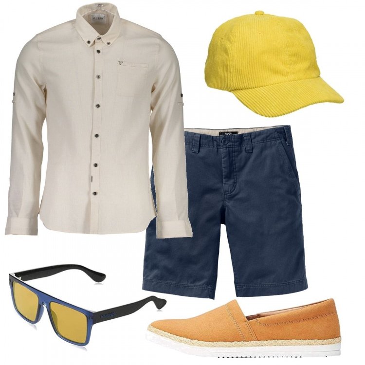 Outfit uomo - Total look #1090919. Stile Urban per Tutti i giorni. Abbinamento con bermuda, occhiali da sole, camicie, espadrillas, cappelli con visiera.
