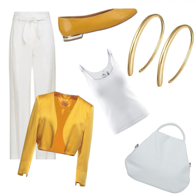 Outfit donna - Yellow Monday Style. Stile Chic per Ufficio. Abbinamento con pantaloni, blazer, borse a mano, ballerine, orecchini, canottiere.