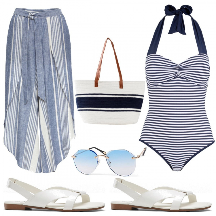 Outfit donna - Curve al mare!. Stile Casual per Mare. Abbinamento con sandali, pantaloni a palazzo, costumi interi, shopping bag, occhiali da sole.