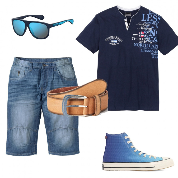 Outfit uomo - In vacanza!. Stile Trendy per Tutti i giorni. Abbinamento con t-shirt, bermuda, sneakers alte, occhiali da sole, cinture.