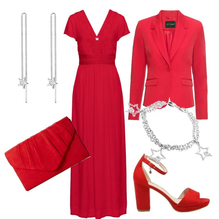 Outfit donna - Total red. Stile Chic per Cerimonia. Abbinamento con vestiti lunghi, blazer, sandali, braccialetti, orecchini, pochette.