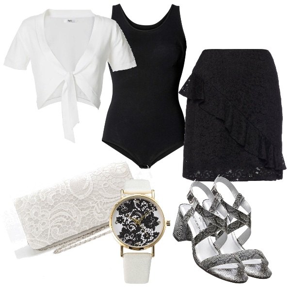 Outfit donna - Pizzo protagonista. Stile Sexy per Serata fuori. Abbinamento con body, sandali con fibbia nero, bolero, orologio con pizzo e cinturino bianco, clutch con pizzo in raso bianco, gonna effetto increspato con zip nero.