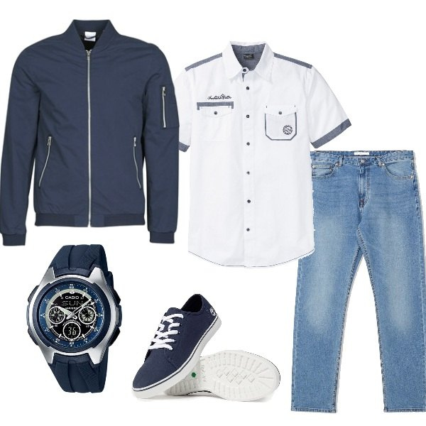 Outfit uomo - Total look #1091253. Stile Urban per Tutti i giorni. Abbinamento con camicie a manica corta, sneakers, giacche, jeans, orologi.