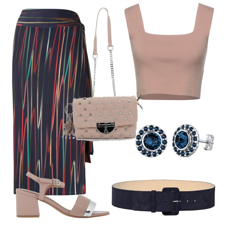 Outfit donna - Curvy in stile. Stile Casual per Tutti i giorni. Abbinamento con gonne, borse a tracolla, top, sandali in pelle, cinture, orecchini.