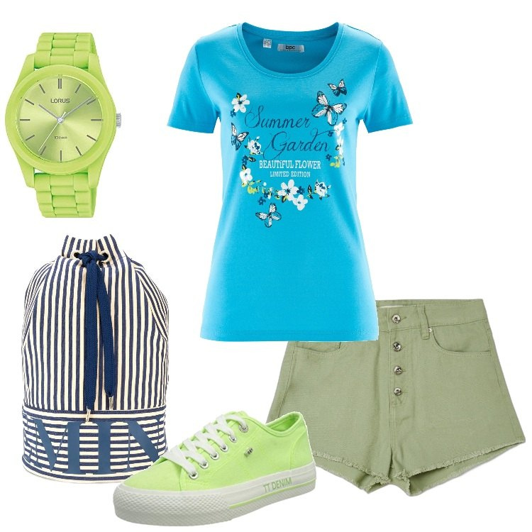Outfit donna - Picnic d\'estate con te!. Stile Basic per Tutti i giorni. Abbinamento con t-shirt, shorts, zaini, sneakers, orologi.